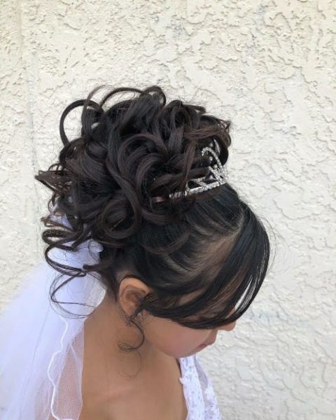 Curly High Prom Updo With Bangs