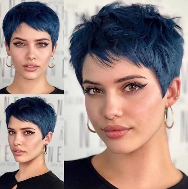 Blue Short Pixie Haircut with Neat Edges