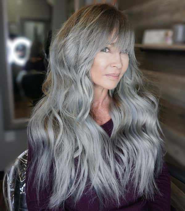 Long Wavy Gray Hair with Fringe