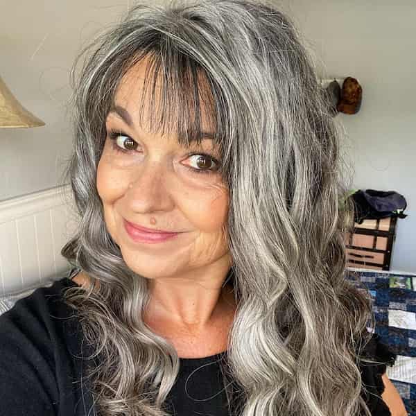 Long Wavy Salt and Pepper Hair with Bangs