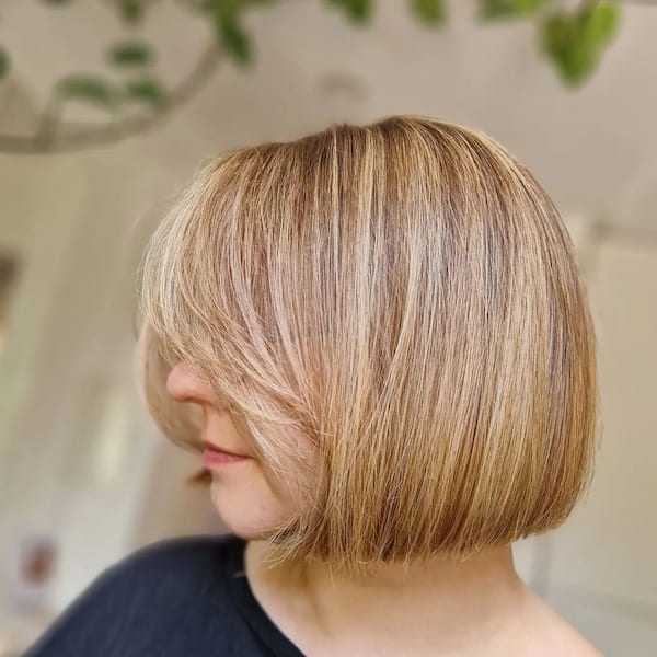 Caramel Highlights Short Bob with Curtain Bangs