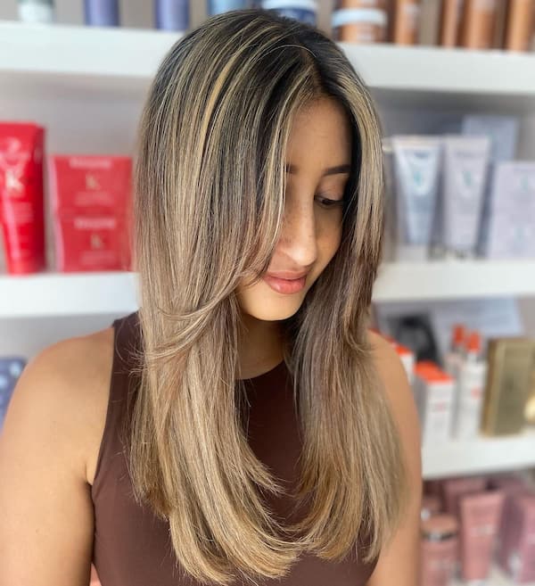 Highlights Balayage with Curtain Bangs