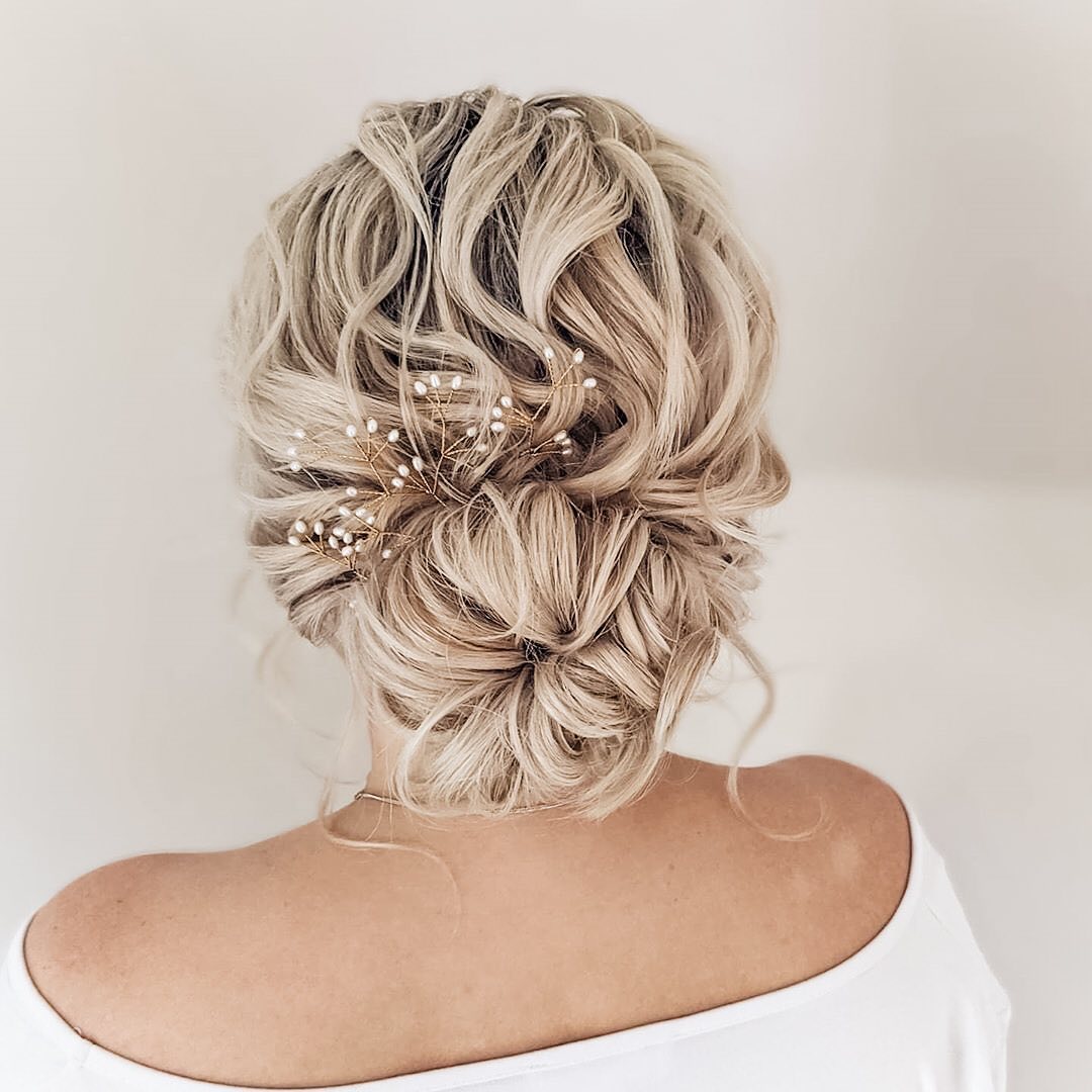 Relaxed Tousled Updo with Pearl Hairpins