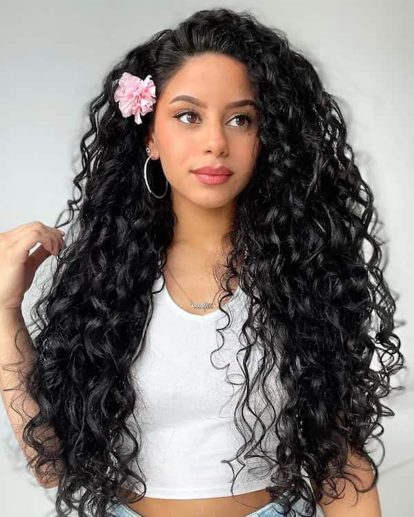 Royal Long Curly Hair with Flower Pin