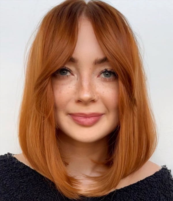 Copper Curvy Bob Haircut Curtain Bangs