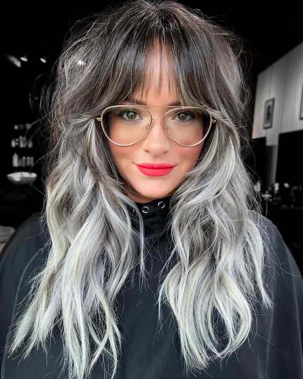 Double Toned Medium Length Gray Hairdo with Bangs