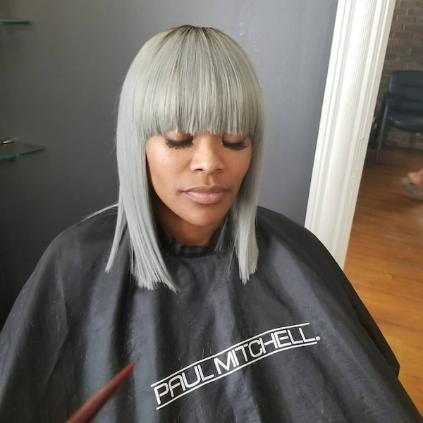 Gray Long Bob with Full Fringe