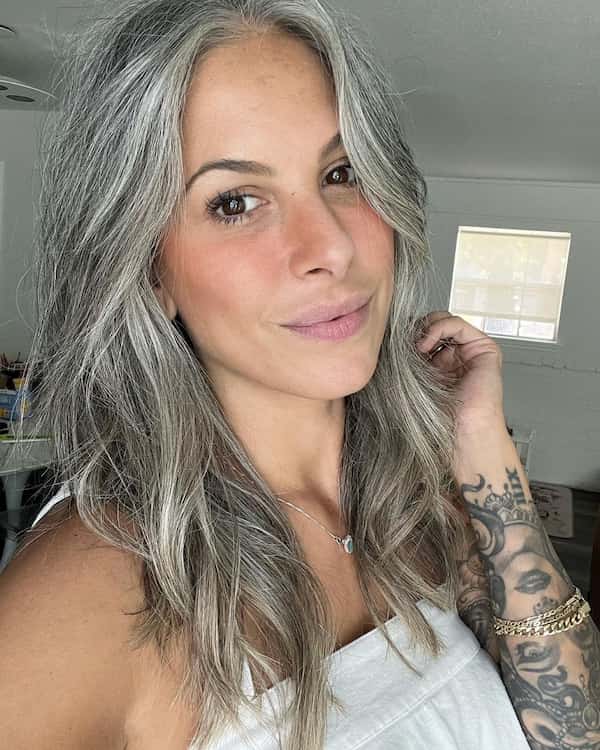 Messy Medium Length Gray Hair with Layers and Bangs