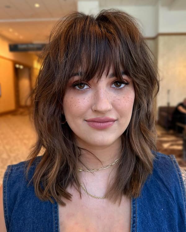 Brown Shaggy Bob with Full Fringe