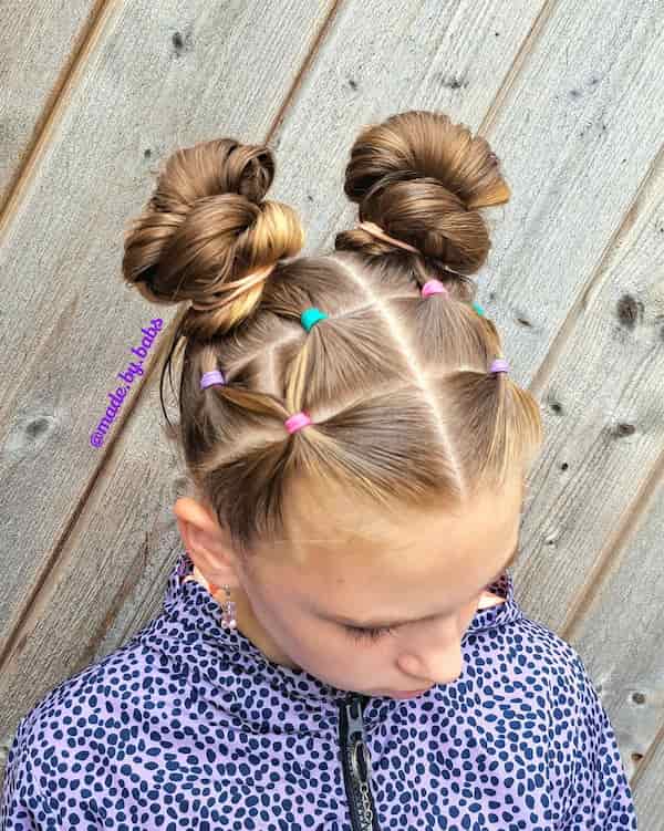 Double Buns with Elastics and Multicolored Ribbons