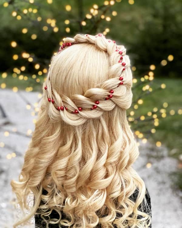Four Strand Ribbon Braids with Curls and Red Pins