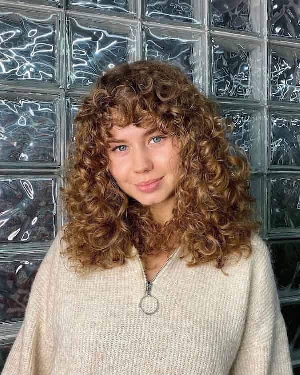 Full Brown Curly Shag with Bangs