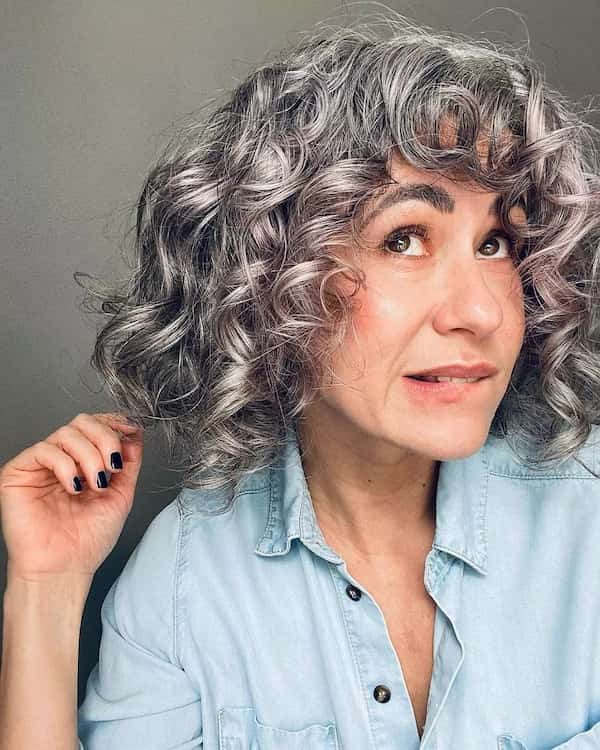Gray Curly Hair with Bangs