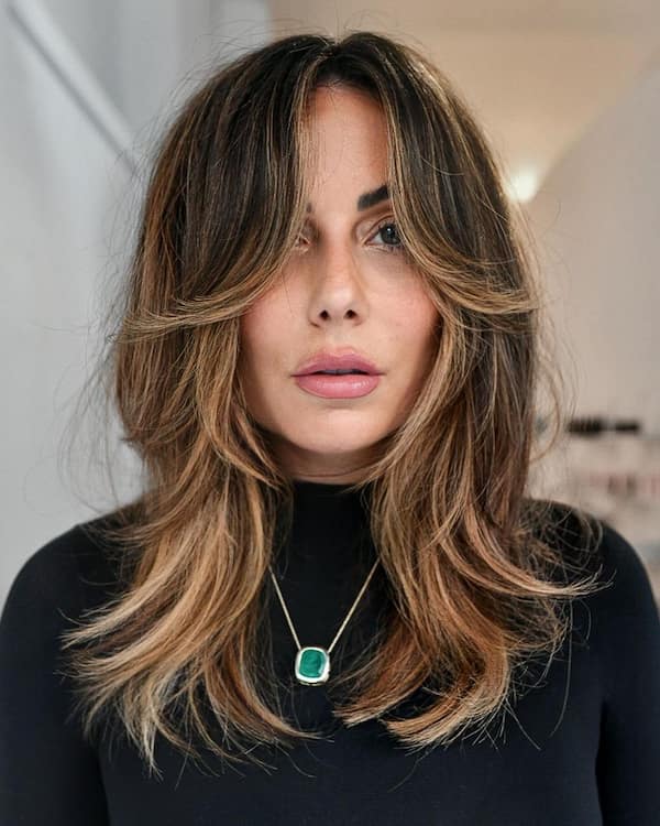 Layered Midlength Haircut with Bangs and Highlights