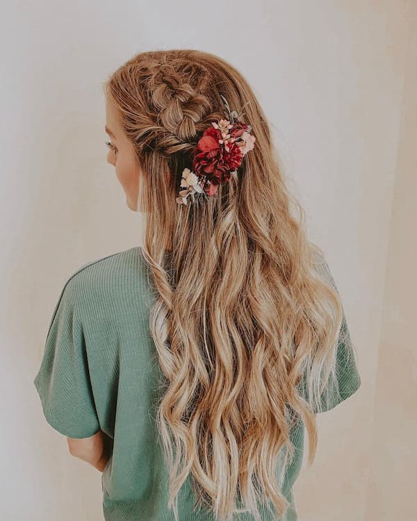 Long Wavy Hair with Red Flowers