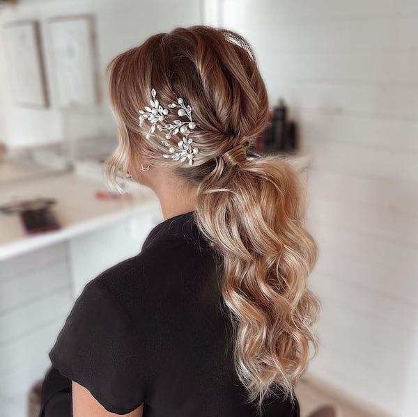 Low Textured Ponytail with Bridal Pins