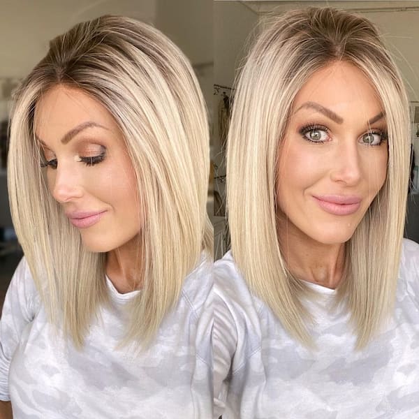 Mid-Length Rooted Blonde Lob for Older Women