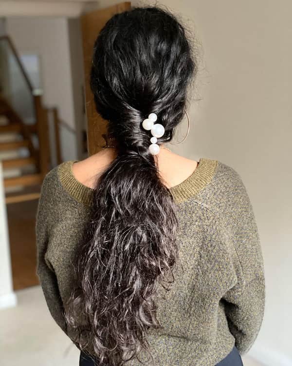 Natural Long Hair with Low Ponytail and Flowers