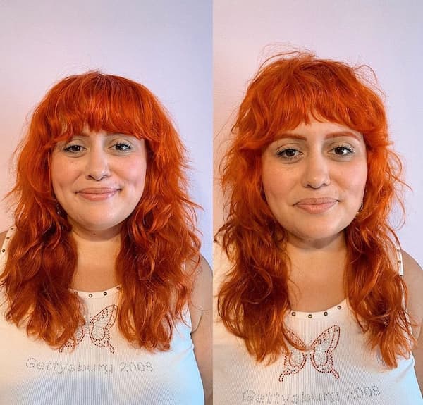 Orange-Coloured Mid-Length Shag Haircut with Fringe