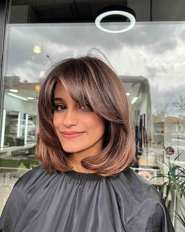 Brunette Balayage Bob with Swoop Bangs