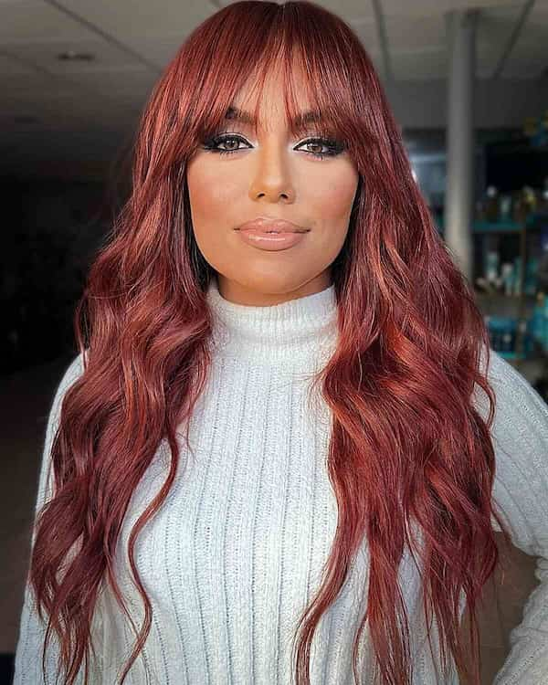 Rose Red Wavy Hair with Bangs