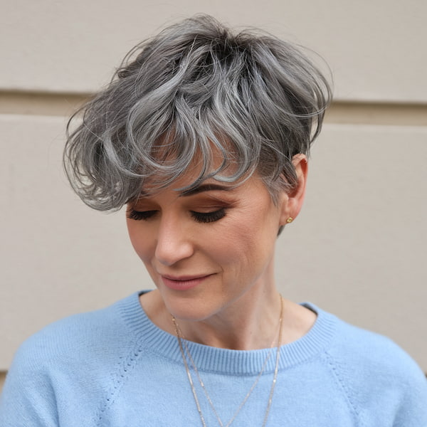 Gray Layered Pixie with Long Bangs