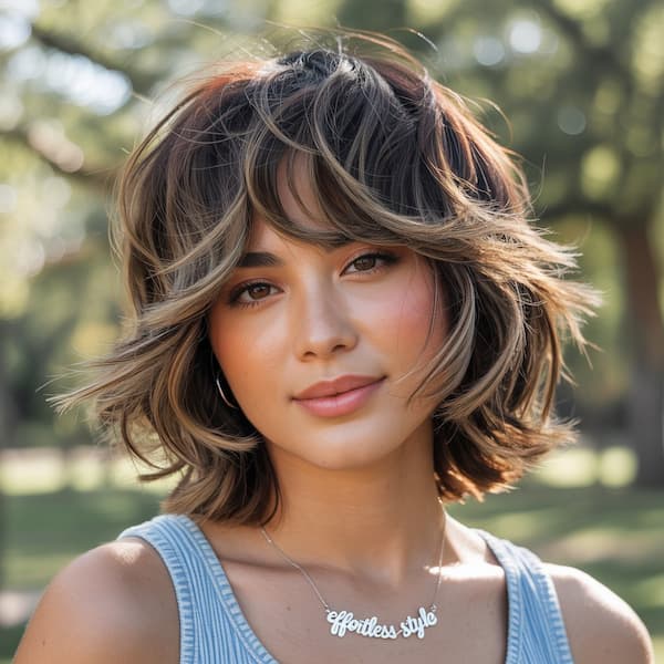 Balayage Shaggy Wispy Haircut with Long Bangs 