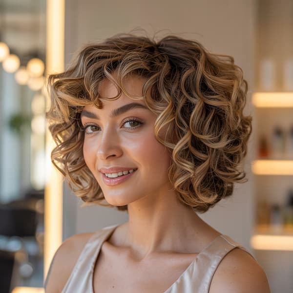 Brown Curly Bob with Bangs 