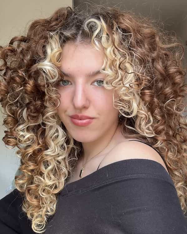 Brown and Blonde Curly Hair with Bangs 
