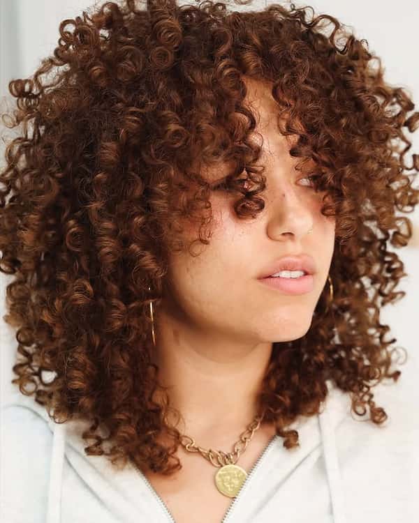 Brownish Curly Hair with Bangs for Mid-Length