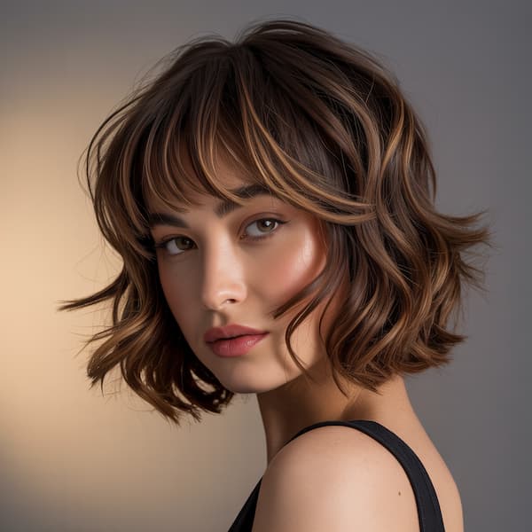 Brunette Bob with Textured Layers and Long Bangs 
