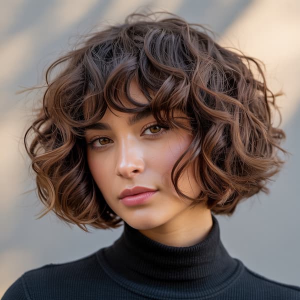 Curly Bob with Full Bangs
