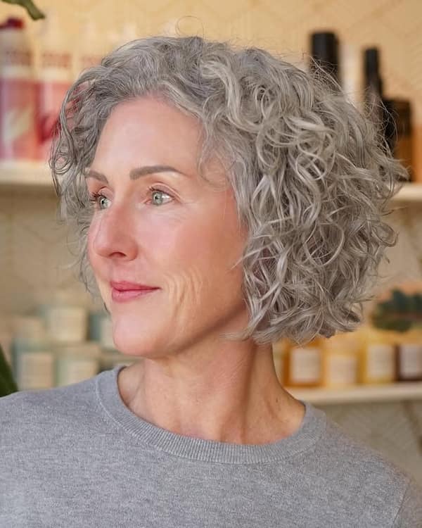 Gray Curly Bob for Women over 50