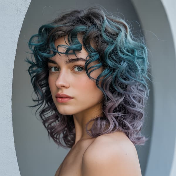 Gray and Purple Curly Lob with Bangs