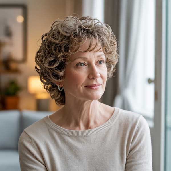 Layered Curly Haircut with Bangs for Older Women