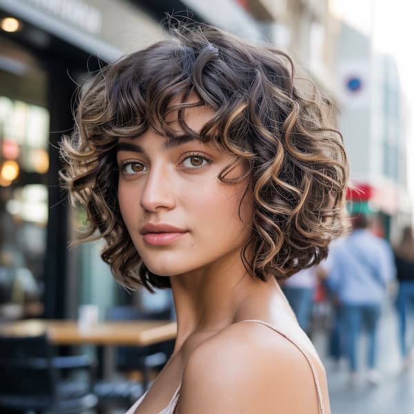 Mixed-Tone Curly Bob with Bangs 