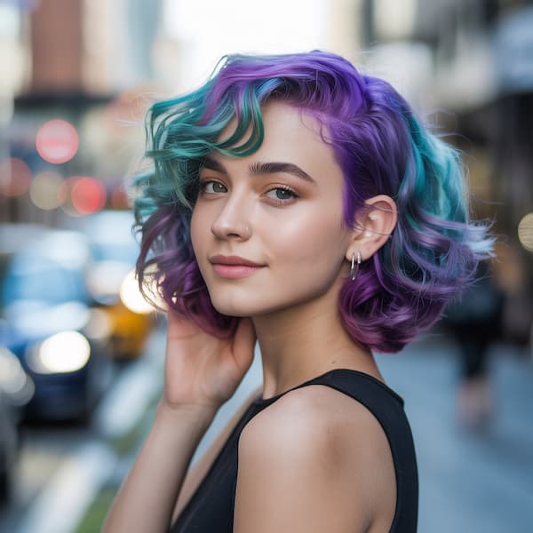 Purple and Blue Side-Parted Curly Haircut