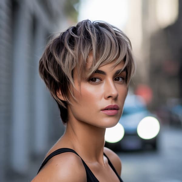 Stacked Layered Pixie with Long Bangs