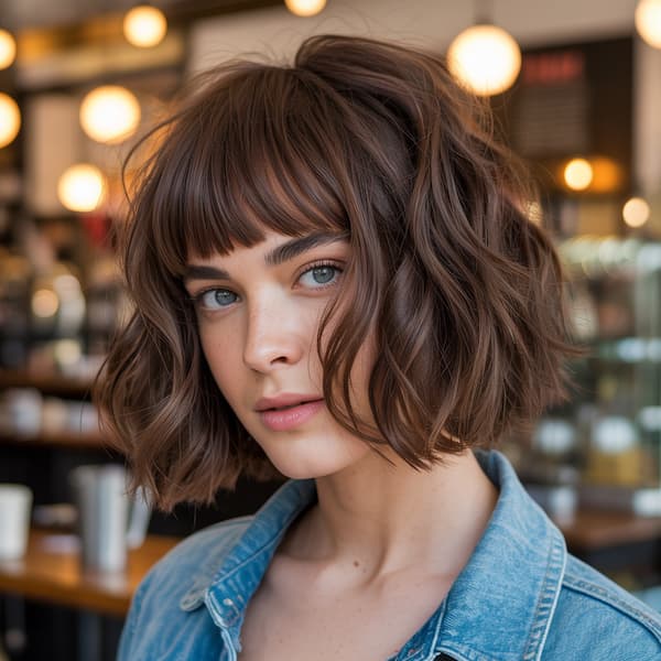 Textured Wavy Bob with Blunt Bangs