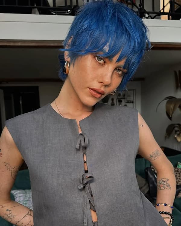 Angled Blue Pixie with Long Bangs 