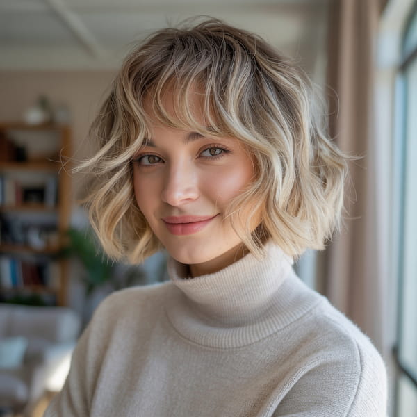 Blonde Wavy Bob and Wispy Fringe