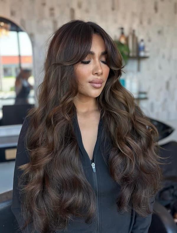 Bouncy Long Layered Haircut with Bardot Bangs 