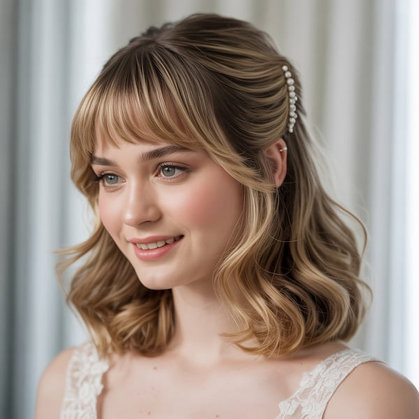 Bridal Half Up Half Down with Baby Bangs