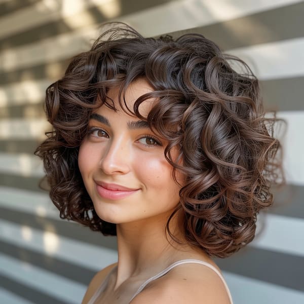 Brunette Curly Haircut with Bangs