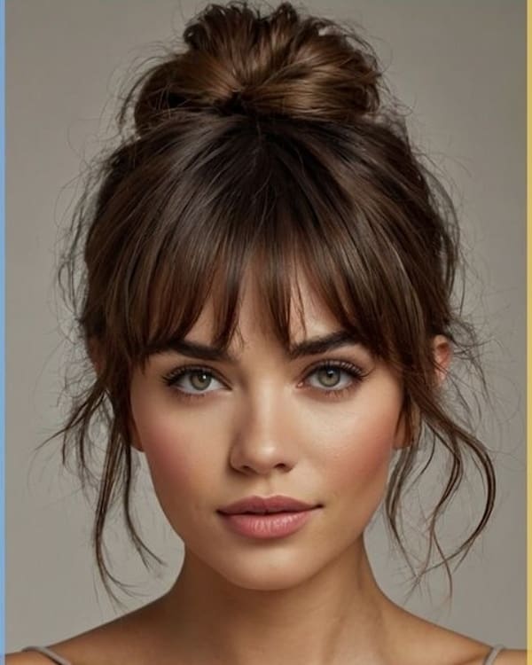 Brunette Updo with Tendrils and Wispy Bangs 