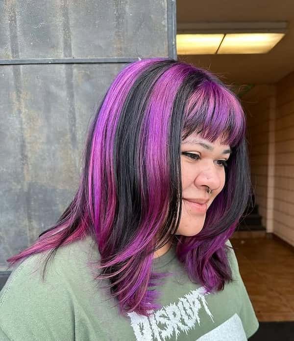 Choppy Purple and Black Haircut with Blunt Bangs 