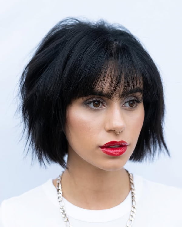 Classic Black French Bob with Wispy Bangs
