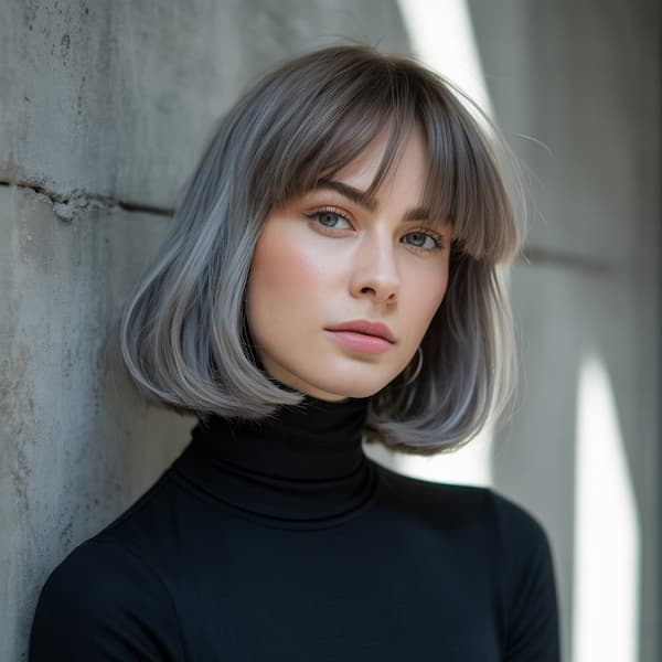 Gray Bob with Curved Ends and Choppy Bangs 