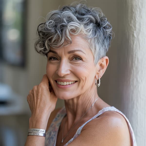 Gray Curly Pixie with Side Bangs