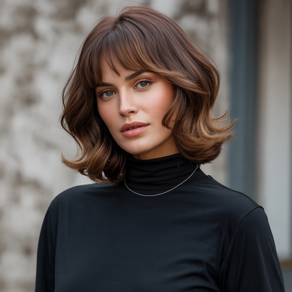 Layered Bob with Feathered Ends and Wispy Bangs 